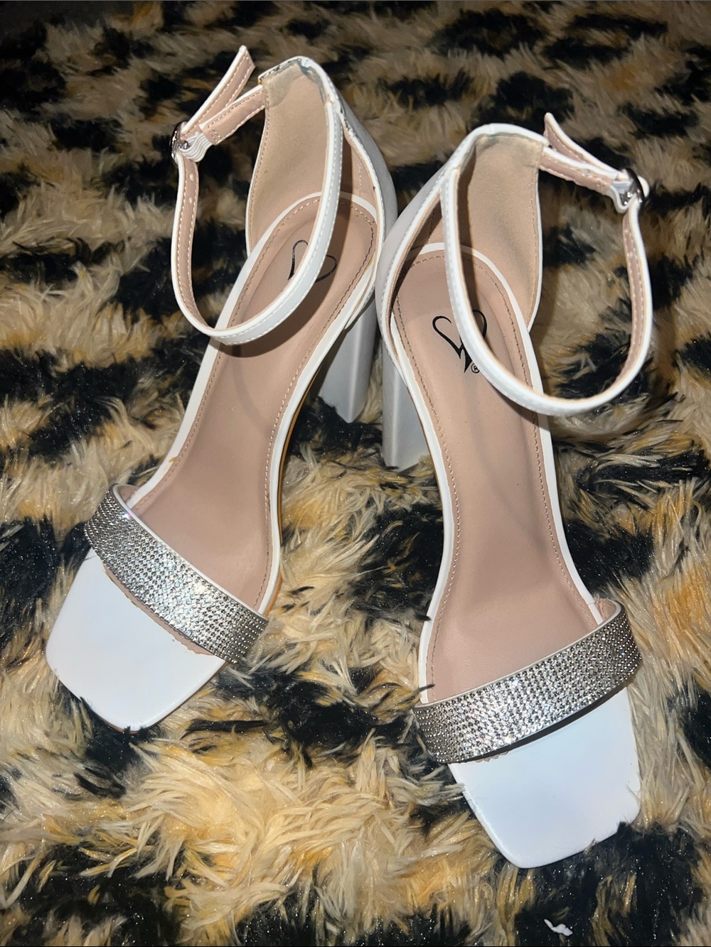 White Ankle-Strap Block Heel Sandals with Silver Rhinestone Strap 7.5